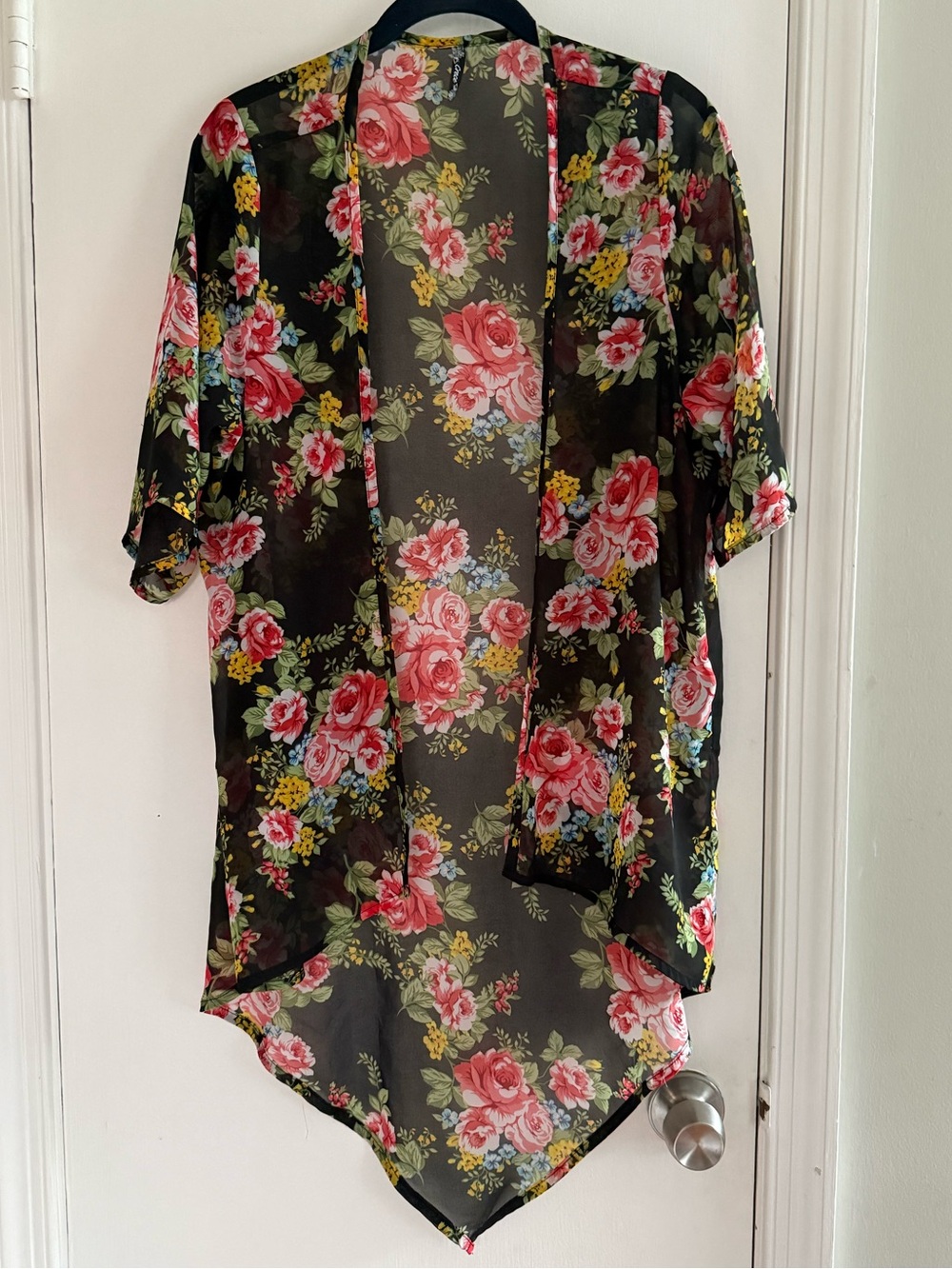 Crece Sheer Black Floral Kimono Swim Cover-Up Layer with Pink Roses One Size